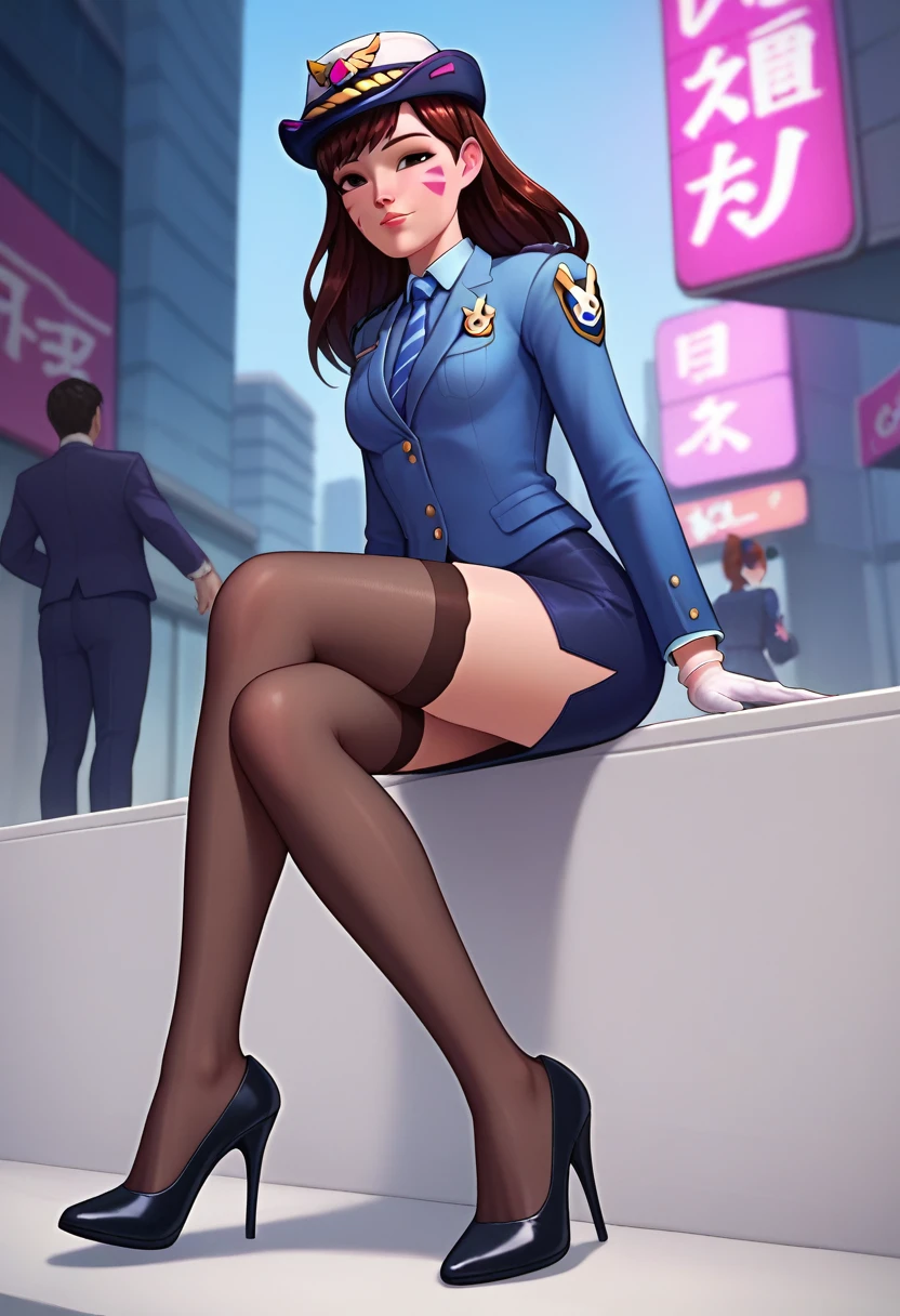 score_9, score_8_up, score_7_up, 1girl, solo focus, officerdva, d.va (overwatch), white gloves, high waisted skirt, bodycon pencil skirt, stockings,  pink whiskers, sitting on police cruiser, city downtown, long sleeves, high heels, (((blazer))), (((suit jacket))), epaulettes, formal, skirt suit