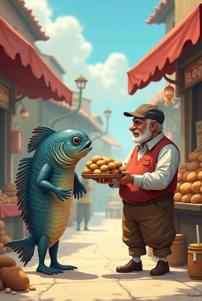 The black-chinned tilapia went to buy some bread, so the vendor told him that the fish had no money.