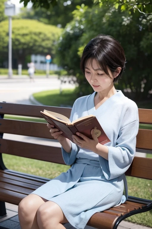 A 50-year-old Japanese woman is reading a book early in the morning on a park bench near an office district.。short hair。Your eyes are on the book you are reading。
