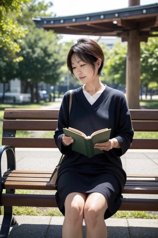 A 50-year-old Japanese woman is reading a book early in the morning on a park bench near an office district.。short hair。Your eyes are on the book you are reading。