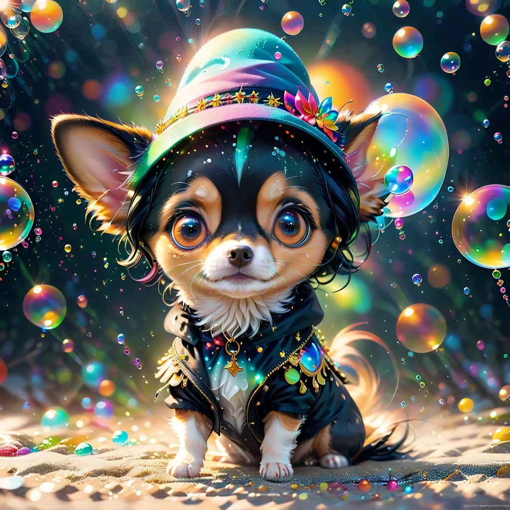 Highest quality、4K wallpaper、masterpiece、8k resolution,Long Coat Chihuahua,1:1匹のLong Coat Chihuahua,( puppy,party color,whole body,(擬人化されたLong Coat Chihuahua)
Pop clothes,hat,),Super delicate eyes,Very fine particles、very delicate black hair,Very detailed、Intricate details、Great background,Magical Aura,Delicate and vivid patterns,Surreal elements,Background of slowly moving colorful bubbles,