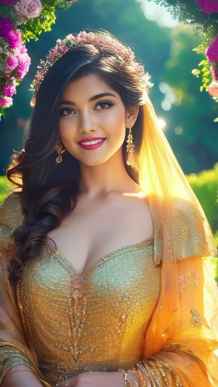 (a beautiful woman in a stunning gown of flowing silk with a radiant smile and captivating eyes),vibrant colors,highres,ultra-detailed,sharp focus,soft lighting,realistic,fantasy-inspired,portraits,subtle color palette,ethereal glow,fairytale,graceful,pastel shades,enchanted garden,lovely flowers,twinkling lights,whimsical ambiance