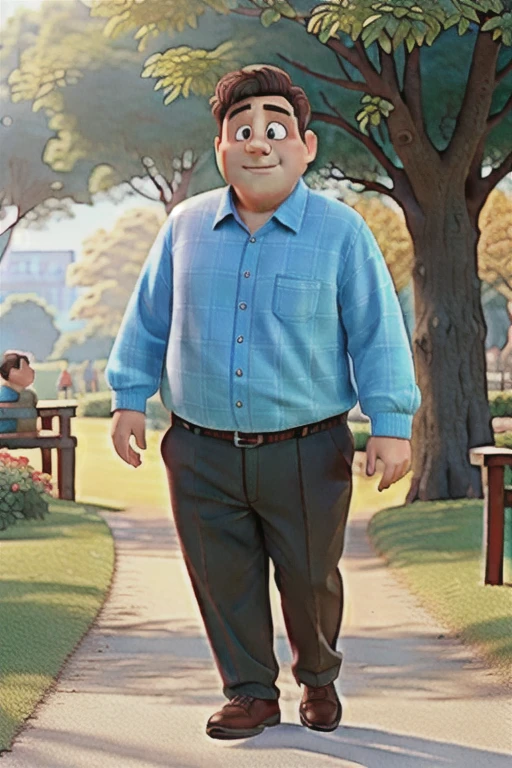 A fat man with dark brown hair wearing a light blue long sleeve buttoned shirt walking in the park with his little son in a red shirt, sunny day