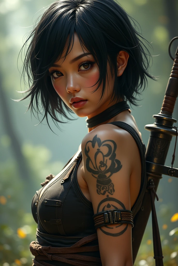 Woman, 22 year old aged, short black hair, black eyes, really beautiful, long lashes, strong body, warrior, a few scars in her arms, asian with pale skin, rude and savage