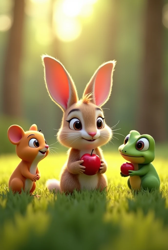 The baby rabbit sitting with its friends—the mouse, the erfly, and the frog—in a circle on the grass, with the rabbit explaining the plan to get the apple, each friend listening intently, um personagem animado, Caractere estilizado, animation style rendering, 3D estilizado, Arnold Maya render, 3 d render stylized, toon render keyshot, Personagem 3D, Personagem 3D, 3d rendering stylized, 3d character render, personagem de desenho animado, Personagem de close up, Pose de personagem, (Estilo Pixar) (master part:1.2) (Bokeh) (best quality) (pele detalhada) (textura detalhada) (8k) (argila) (Cinematic lighting) (foco nítido,Senta e vaza a parte superior do corpo