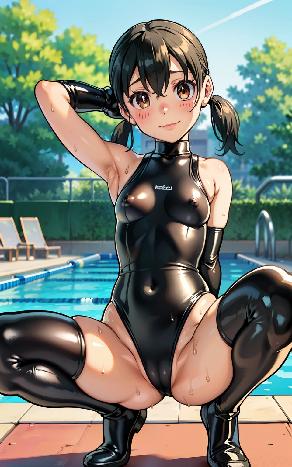 camel toe:1.4, (flat chest:1.2), ((Erect nipples:1.3)), Sweat, (((long gloves:1.3))), brown loafers, black calf length socks, Open your thighs wide to the left and right, squat on the ground, show off your crotch to the viewer, ((Latex high-necked competitive use Swimsuit:1.3)), sit, spread your legs:1.3, (((arm behind head:1.3))), , absurdists, low twintails, flat lighting, elevation angle, sexy pose, highest quality, Complex, surreal, perspective, very detailed, detailed background, shape, 1 girl, alone, small breasts, light smile, embarrassing, blush, (((Pool side))), (Sweat),