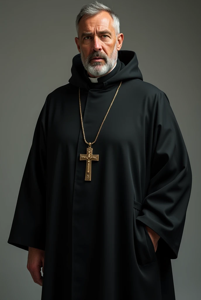 Church missionary society pastor, wearing a black robe with a cross on his neck