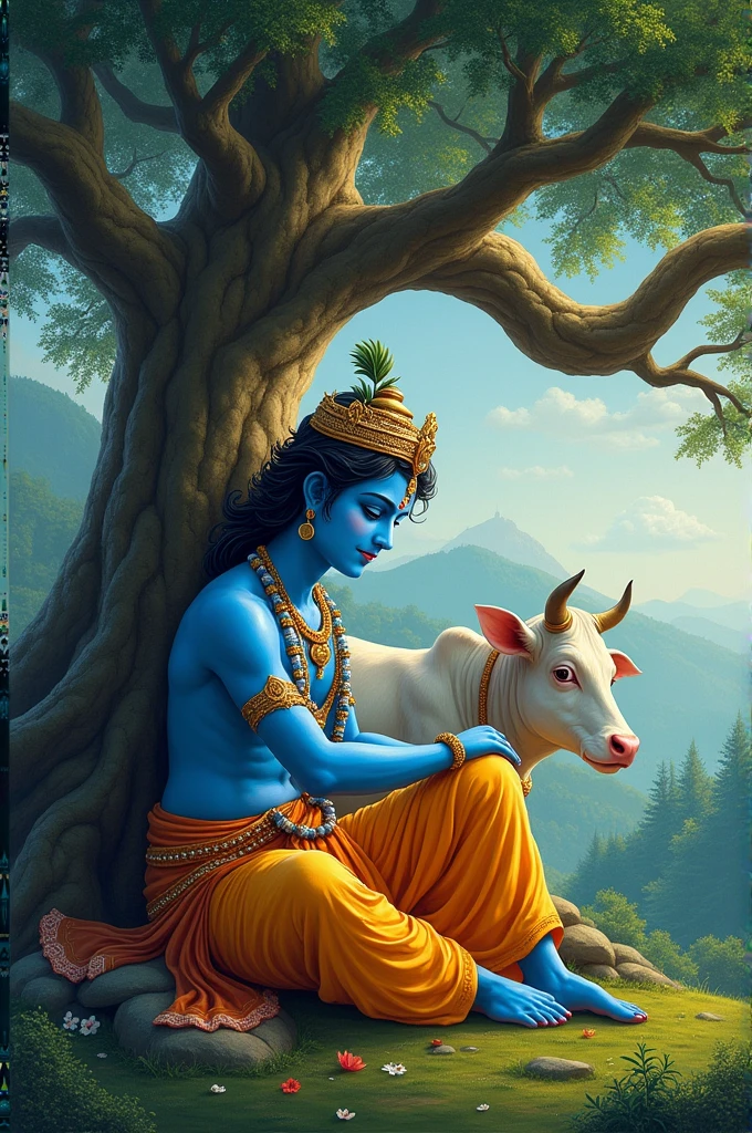 God krishna sitting with his cow on a treea
