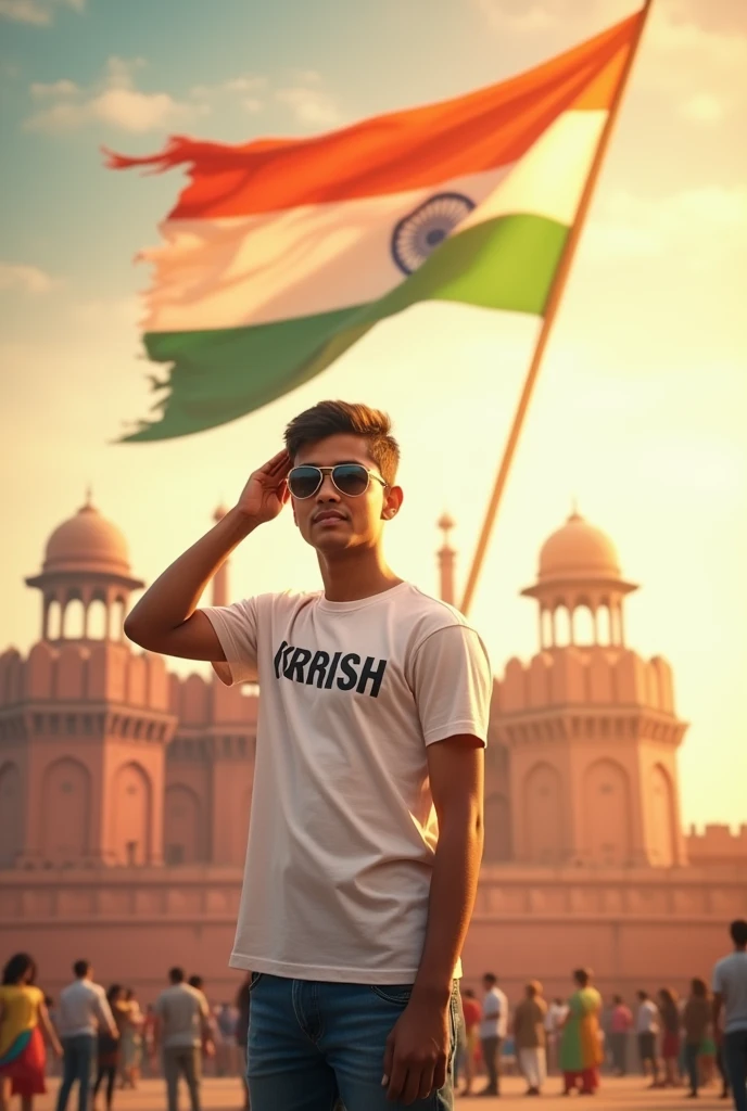 Create a Realistic picture of an 18-year old boy wearing a white t shirt and blue jeans.he is saluting a big flying Indian flag, with the red fort in the background. The name "KRRISH" on is written"t shirt in bold letters, sunglasses. The overall image should have a divine background, reminiscent of republic day, with people celebrating
