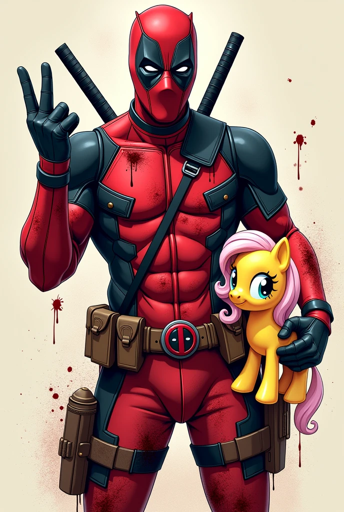 Make the original Deadpool from the Marvel Comics comics Showing the middle finger to the screen while his clothes are completely smeared with blood but with his other hand he is holding a Fluttershy movie doll from My Little Pony the original cartoon 