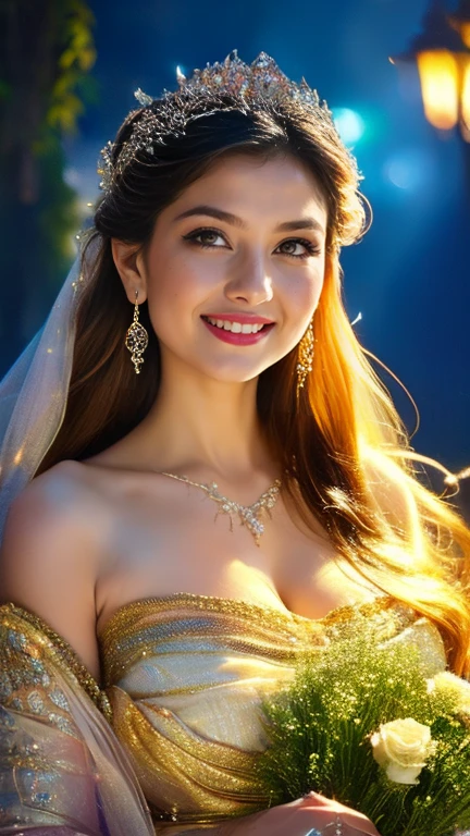 (a beautiful woman in a stunning gown of flowing silk with a radiant smile and captivating eyes), round boobs, vibrant colors,highres,ultra-detailed,sharp focus,soft lighting,realistic,fantasy-inspired,portraits,subtle color palette,ethereal glow,fairytale,graceful,pastel shades,enchanted garden,lovely flowers,twinkling lights,whimsical ambiance