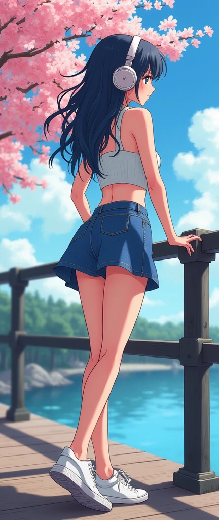A beautiful anime,cute woman,with headphones,on bridge, daytime, beautiful scenery, joyful, happy, skirt and top, with white sneakers, looking another side,oil painting,,no blur face,no error, enjoying view another side beautiful scenery soft,sexy cute, blossom long image fit in wallpaper HD,oil painting,