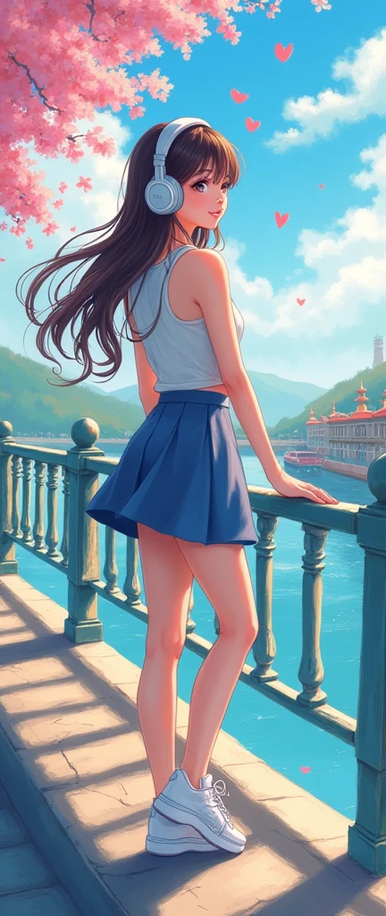 A beautiful anime,cute woman,with headphones,on bridge, daytime, beautiful scenery, joyful, happy, skirt and top, with white sneakers, looking another side,oil painting,,no blur face,no error, enjoying view another side beautiful scenery soft,sexy cute, blossom long image fit in wallpaper HD,oil painting,