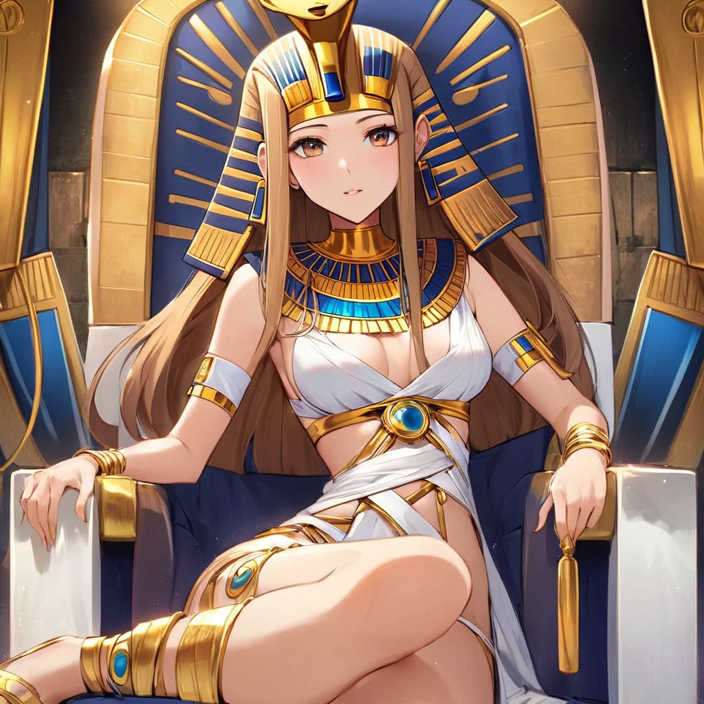 ((Highest quality)), ((masterpiece)), (detailed), （Perfect Face）、((The woman is wearing the golden mask of Tutankhamun))、The woman with the face of Tutankhamun in ancient Egypt is Asuna Yuuki with bright brown hair, semi-long hair, and a magnificent Tutankhamun face wearing a Tutankhamun hat. Her face is completely Tutankhamun and she is wearing clothes like Cleopatra.、The woman is dressed as Tutankhamun of ancient Egypt.、A woman sits on an ancient Egyptian throne and reigns with the golden face of Tutankhamun