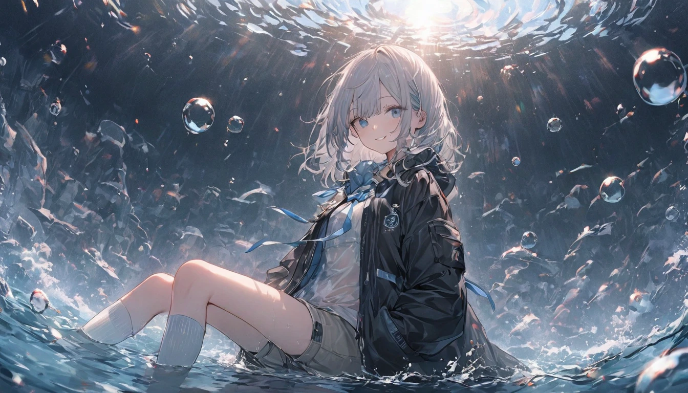 ((Highest quality)), ((masterpiece)), ((Very detailed)), (とても繊細in美しい), With a girl, 一人in, Cold attitude,((Black jacket)),She is very(relax)in(Calm)exterior,Black-haired, Written boundary depth,Wicked Smile,bubble, In the water, Air bubbles,bright light blue eyes,Light grey hair in light blue tips and inner color,,,,,,,,,,Cold Background,Bob Hair - Line Drawing, Shorts、Knee-high socks、Like a white uniform 、Light blue ribbon tie、The clothes are transparent、Put your hands in your pockets、Eyes as bright as sapphire,Frontless Blue, 小さな青い光が浮かんinいた、Upward glance、foodie
