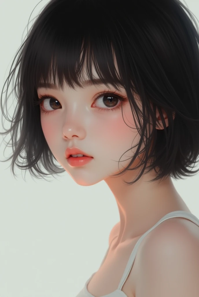 A beautiful girl with short black hair, a single eyelid, a high nose, and a small, childlike face.