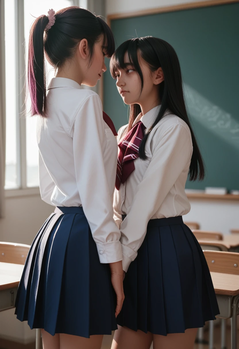 Two Girls,roromiya,ririchiyo,school uniform,Ascot, masterpiece, Highest quality、comminicate、Someone hugs me from behind、Twilight Classroom