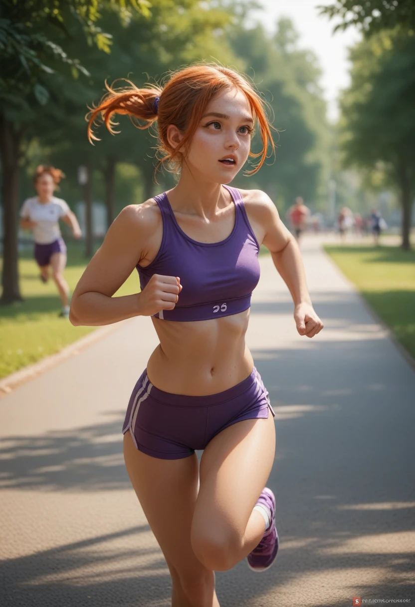  girl in purple sports top and legging, jn the park, cute girl, running, ginger hair, small breasts, small butt