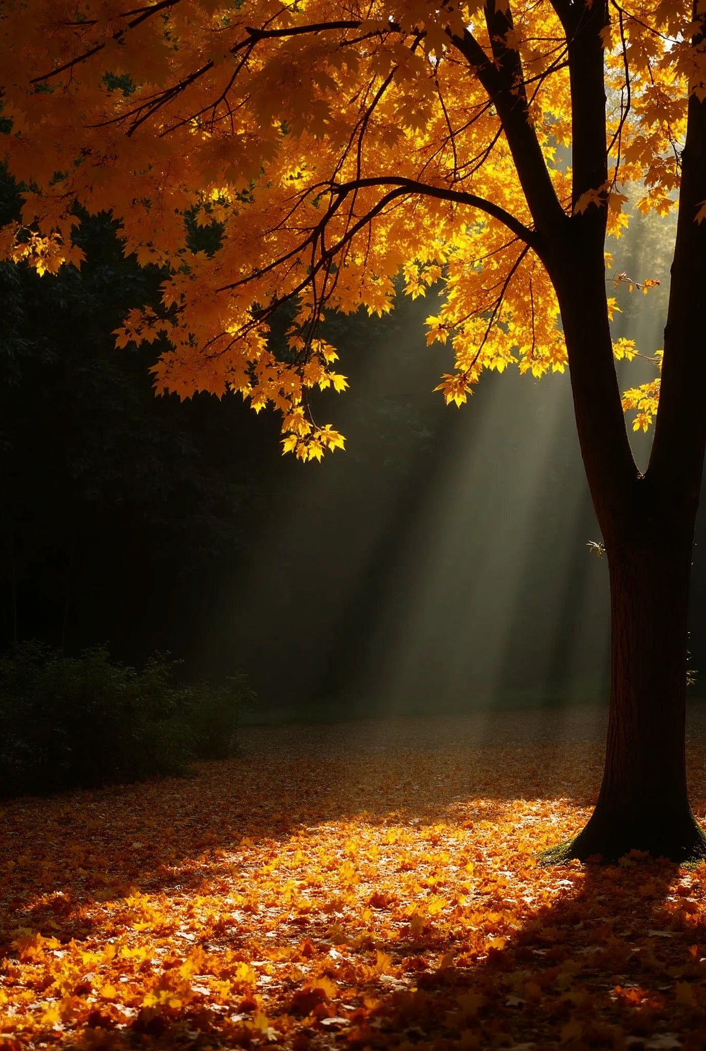 Scenes, golden leaves, autumn, black wall, sunlight, gold and dark,