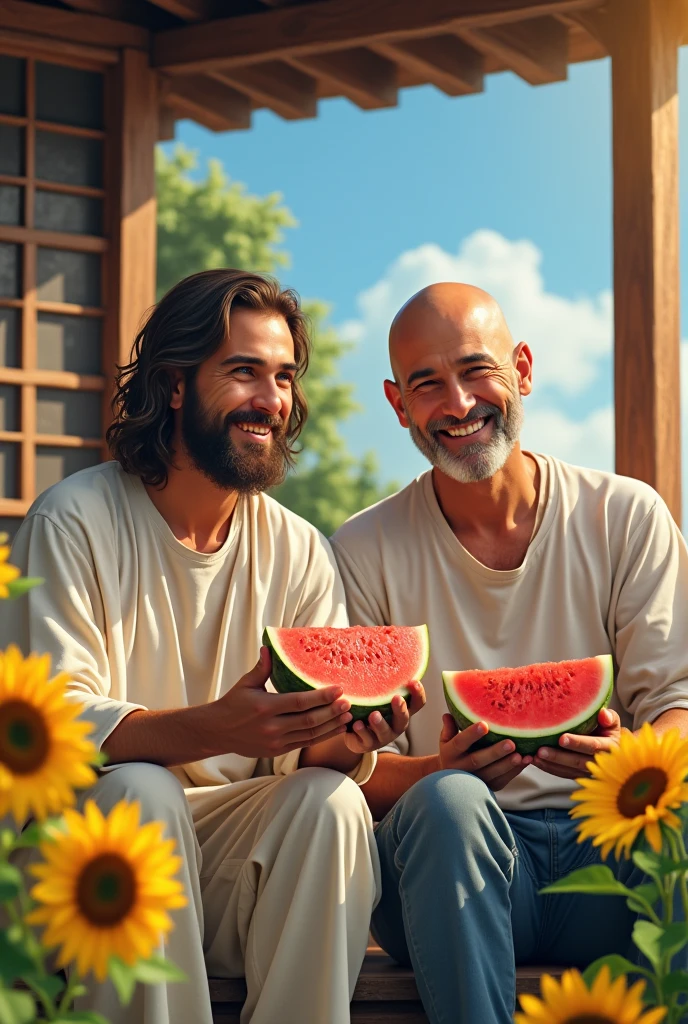 Jesus Christ and a Japanese man. They are sitting on the porch of a Japanese house and eating watermelon. They smile happily with wise and benevolent faces. they are shining. Surrounded by rainbow-colored light. Sunflowers are blooming in the garden. blue sky. Jesus of Nazareth is depicted as a gentle, gentle man with shoulder-length hair. His wavy brown hair flows over his shoulders. His captivating hazel eyes convey deep wisdom and empathy, radiating warmth and understanding. The other man is depicted as a kind-hearted Japanese man with a Buddha-like shaved head and a calm and cheerful expression. The captivating dark eyes of Japanese men convey deep wisdom and empathy, radiating warmth and understanding. They are wearing white T-shirts and knee-length jeans. Photography, close-up, highly detailed, trending at the art station, sharp focus, studio shot, intricate details, Greg Rutkowski,