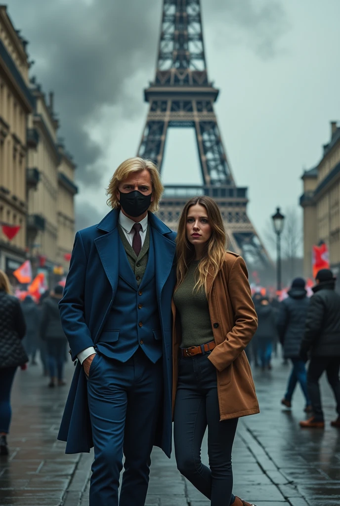 (((Front view:1.3))), Full-body, couple is standing pose , on street , in Paris, looking Eiffel Tower, everyone nothing people, 2021 years ,(1 male and 1 female is exist), (1 male Englishman, 1 boy is 50 age old), ( blond hair, long hair, handsome face mask, panic ), English gentleman ( blue suit style, suit , vest, pants, (brown shoes)), 1man and 1 woman is couple, looking back, demo , many people striking, black smog, riot UHD, masterpiece, retina, anatomically correct, accurate, textured skin, super detail, high quality, high details,