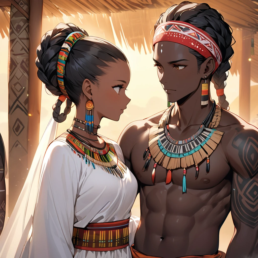 ((Highest quality)), ((masterpiece)), (detailed), （Perfect Face）、The woman is wearing a tribal wedding dress and is holding a man from the tribe close to him during the wedding ceremony.、The woman has bright black skin、（Ghana braids with strong curly hair slicked back）、Black, dark skinned, African native tribal woman、The amount of hair is small、Black Hair、Very short curly hair、Ghana braid hair, finely and delicately braided into Ghana braids and slicked back、Her hair is braided and thin, and she wears a tribal headdress and a tribal headscarf.、African black woman beautifully dressed in tribal clothing, tribal earrings and tribal accessories, wearing tribal makeup、A beautiful tribal woman with tattoos all over her body、Women in tribal village night rituals、The woman&#39;s hair is dyed black by the other women in the village and styled like an African woman&#39;s.