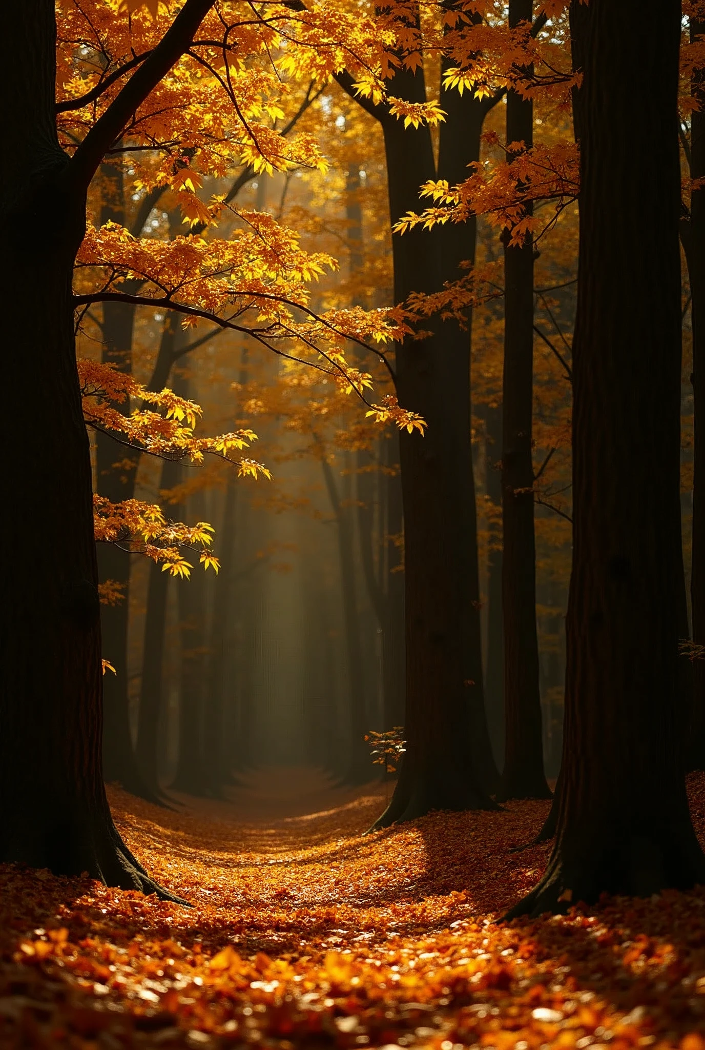 Scenes, golden leaves, autumn, black wall, sunlight, gold and dark,