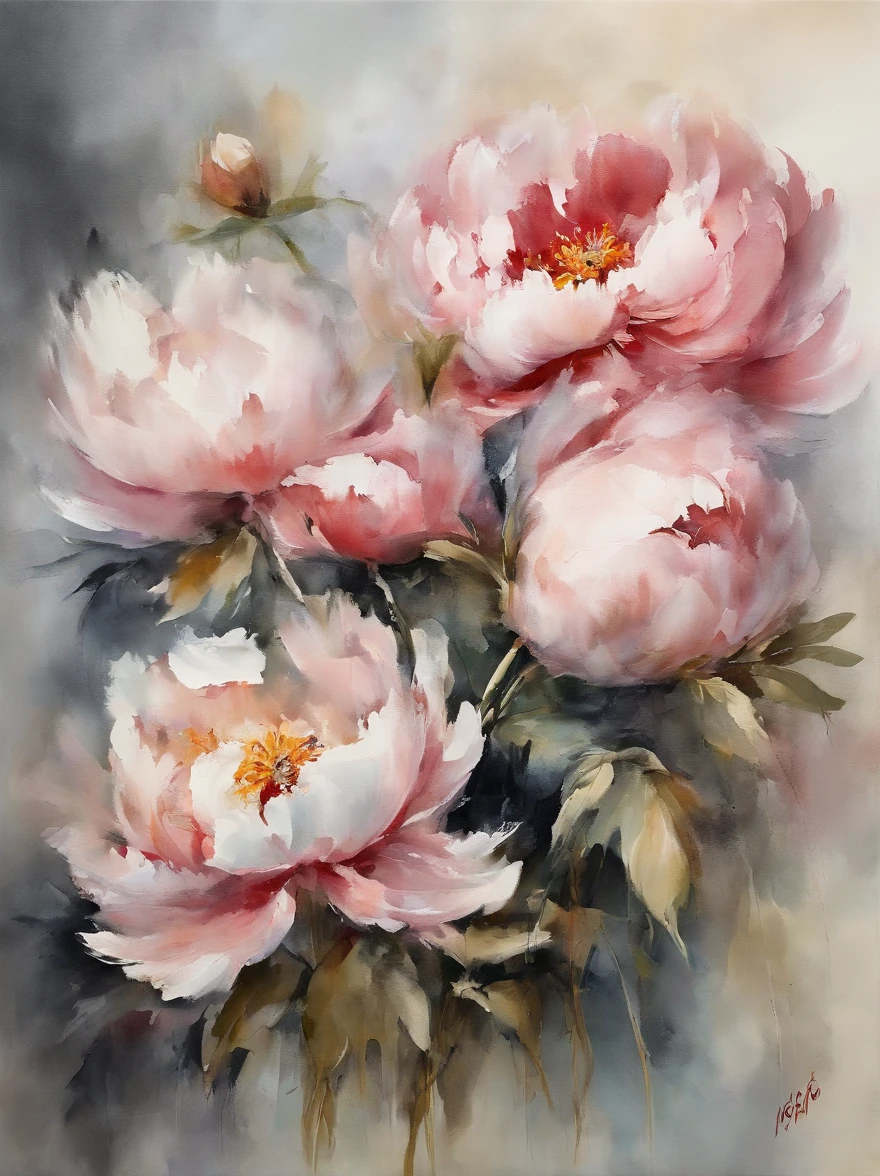 ((materpiece)), ((best quality)), ((high-res)), ((Ink wash)), ((artist)), ((extremly details)), beautiful peony flowers, pastel colors