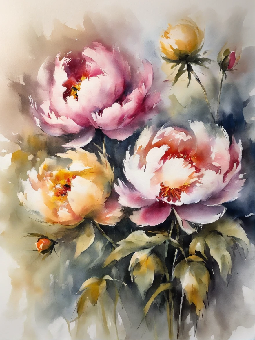 ((materpiece)), ((best quality)), ((high-res)), ((Ink wash)), ((artist)), ((extremly details)), beautiful peony flowers, pastel colors