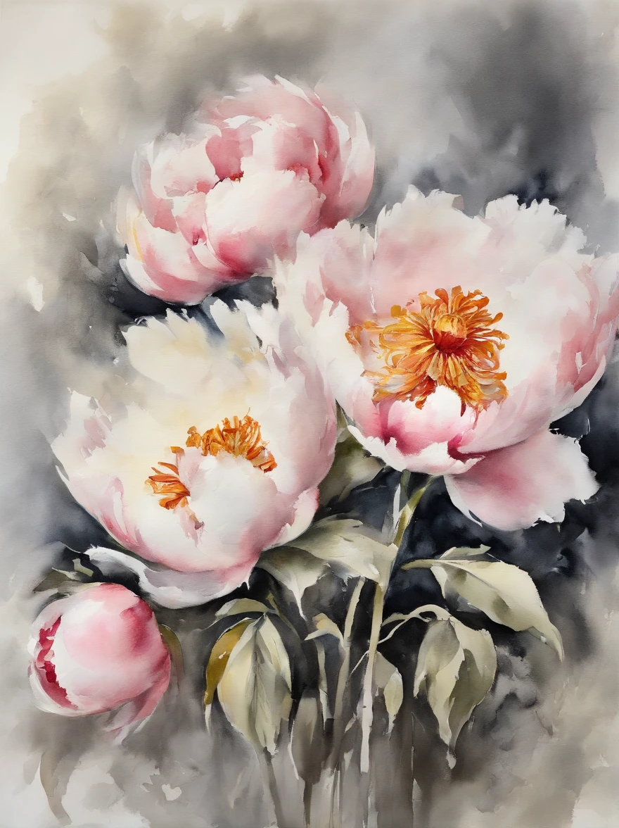 ((materpiece)), ((best quality)), ((high-res)), ((Ink wash)), ((artist)), ((extremly details)), beautiful peony flowers, pastel colors