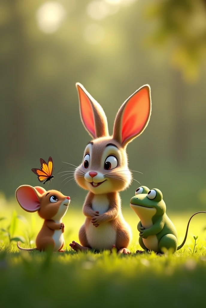 The baby rabbit sitting with its friends—the mouse, the butterfly, and the frog—in a circle on the grass, with the rabbit explaining the plan to get it, each friend listening intently, um personagem animado, Caractere estilizado, animation style rendering, 3D estilizado, Arnold Maya render, 3 d render stylized, toon render keyshot, Personagem 3D, Personagem 3D, 3d rendering stylized, 3d character render, personagem de desenho animado, Personagem de close up, Pose de personagem, (Estilo Pixar) (master part:1.2) (Bokeh) (best quality) (pele detalhada) (textura detalhada) (8k) (argila) (Cinematic lighting) (foco nítido，Senta e vaza a parte superior do corpo