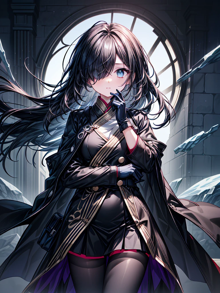 ((Oriental Project)),((Celestial Glacier)),((masterpiece)),((Highest quality)),((black micro mini length skirt)),((face waiting for kiss)),((alone)),((Deep blue pupils)),((sparkling eyes)),(Beautiful Blue Eyes),((Wearing a black coat)),(((Wearing black tights))),(Slim body),((length, Shiny black hair)),((Her left eye is completely hidden by her bangs)),((Her hair is parted, and you can see her eyes through it)),((Wearing black gloves)),((hair over one eye,long hair)),((Complex background)),((Hair blowing in the wind))