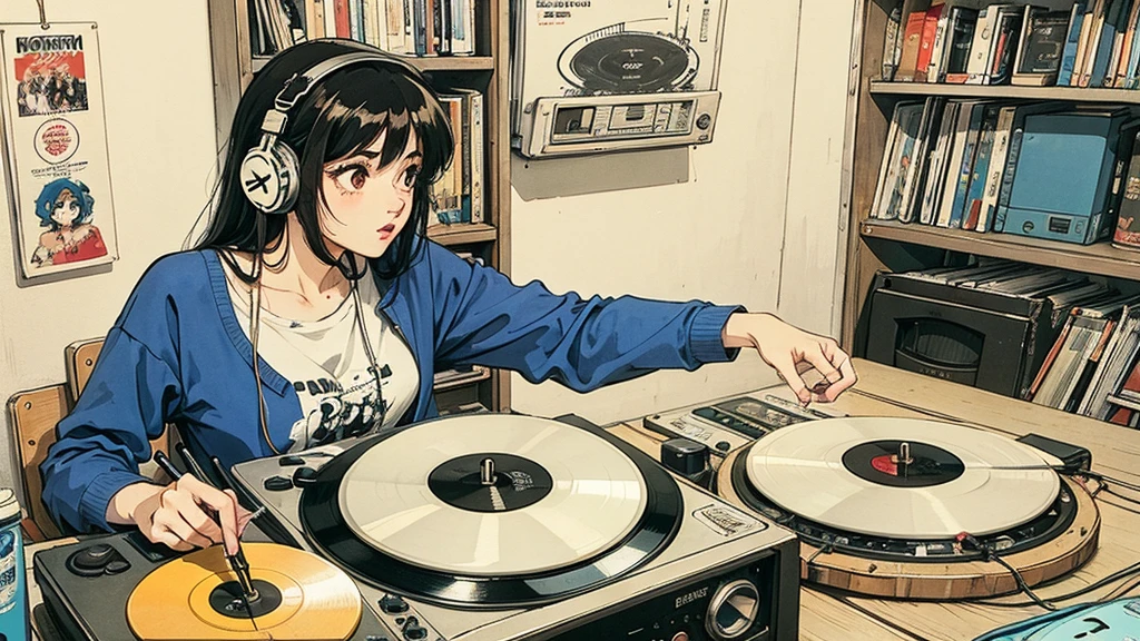 1 girl, Blue Long Hair, 80s anime style, I have headphones on, coffee, Retro, Lo-Fi,A stylish room filled with records, Wearing a short-sleeved T-shirt,