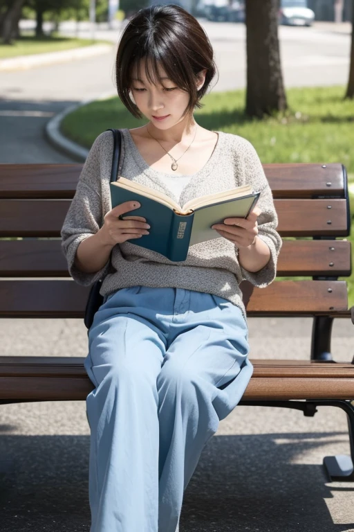 A 50-year-old Japanese woman is reading a book early in the morning on a park bench near an office district.。She is wearing casual clothes and pants。short hair。Your eyes are on the book you are reading。
