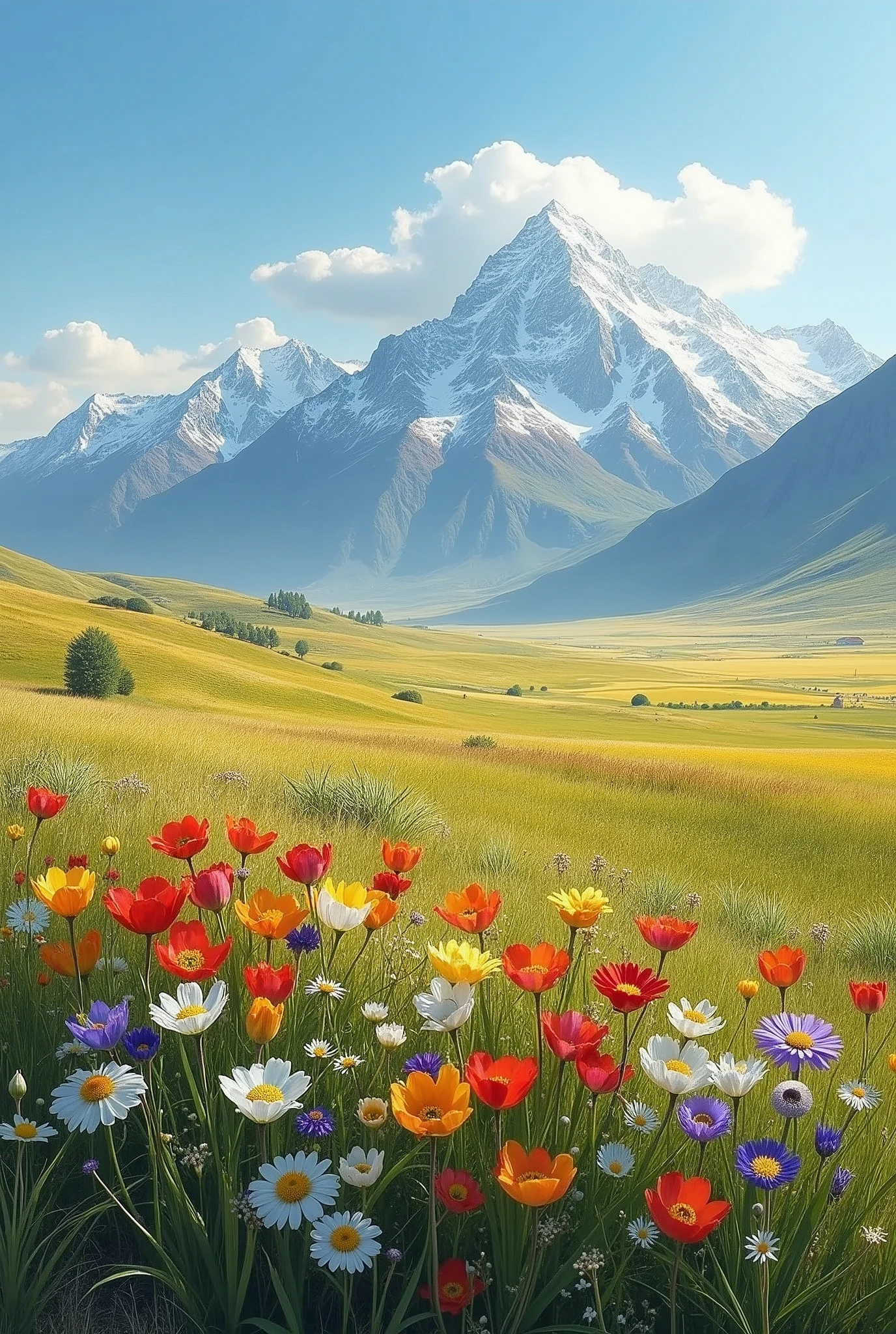 Steppe in spring,There are colorful wild flowers nearby,In the distance are grasslands and snow-capped mountains,Realism