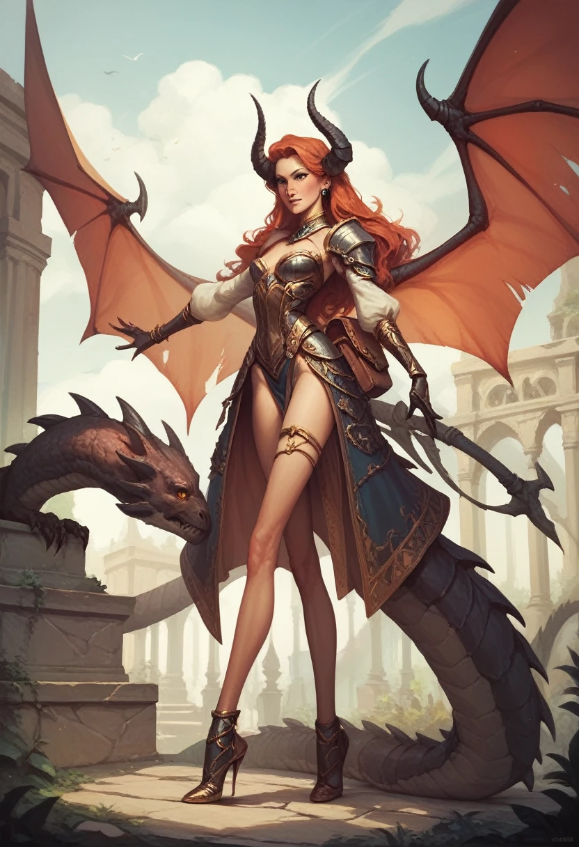 (masterpiece, best quality:1.3) WowAlexstrasza, 1girl, solo, long hair, breasts, looking at viewer, red eyes, thighhighs, gloves, jewelry, huge breasts, thighs, earrings, horns, sky, day, elbow gloves, cloud, armor, blue sky, lips, orange eyes, glowing, thick thighs, looking down, from below, glowing eyes, pelvic curtain, colored sclera, dragon horns, dragon girl, horn ornament, dragoness, nipples, vagina