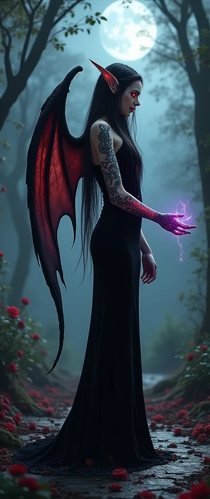 Deep within an ancient, shadow-filled jungle, under the ghostly light of the moon, stands an enchanting elven sorceress, exuding an aura of dark power. Her tall, willowy frame is unmistakably elven, with elegantly pointed ears peeking through her long, jet-black hair that falls like silk over her bare, porcelain shoulders. Her sharp, ethereal features are highlighted by glowing, crimson eyes that burn with malevolent intent. She is clad in a sleek, black velvet gown that molds to her body, embellished with delicate lace and inscribed with arcane, cursed runes, across her arms and spine, radiant, blood-red tattoos form intricate patterns, pulsating with a sinister energy that contrasts with her flawless, pale skin. Her lips, the color of fresh blood, twist into a sinister smile as she clutches a dark, obsidian relic, which hums with an alluring, violet glow. From her back, leathery, bat-like wings emerge, casting eerie shadows around her. The ground beneath her feet is marked with occult symbols, glowing in harmony with her demonic tattoos. Wisps of dark magic spiral through the air, summoning spectral, demonic entities that gather at her command. The twisting vines and blackened roses around her seem to recoil from her presence, while the jungle reverberates with the unsettling whispers of spirits and the guttural growls of infernal beings, intensifying the gothic, demonic nature of her ritua