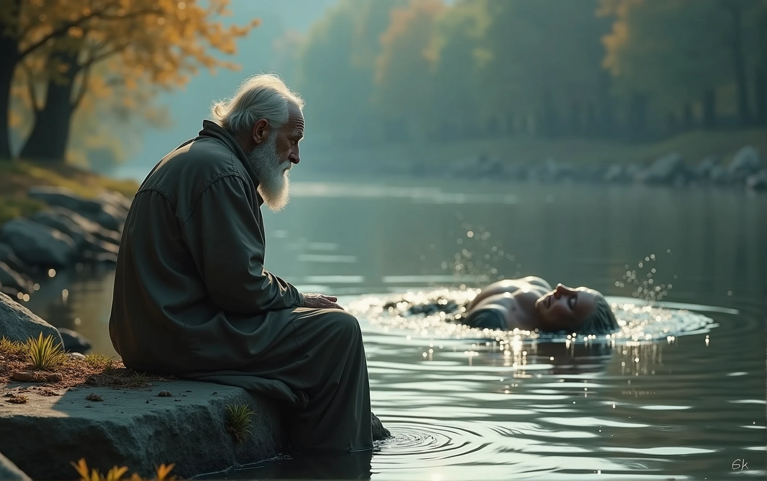 A photorealistic image of a wise old man sitting on a stone near the bank of a river. The old man sees a floating human dead body, passing in the river. Human dead body floating belly down, head underwater. A human body floating face down in a river.

Half-submerged lens reveals his ultra-slim deformed by water figure in a grey loose dress. Masterpiece, best quality, 8K, photo realistic, wallpaper, wallpaper 8k, photographic contest winner, Hyperrealistic art cinematic film still photography in the style of detailed hyperrealism photoshoot. [Entire scene is surrounded by lights, evoking a magical and eerie atmosphere. The lighting is bright and atmospheric, with smoke adding a touch of sinister ambiance. Best quality image, HDR enhancement, showcasing the utmost level of detail and realism]. [8K, Best Quality, Ultra High Resolution, (highly detailed CG unity 8k wallpaper), (best photo), (best shadows), isometric 3D, octane rendering, ray tracing, highly detailed, (Best quality, 4K, 8k:1.2), absurdity, ultra detailed, (realistic, photorealistic, photorealistic:1.37), complex parts, HDR, (complex parts:1.12), (hyper detailed, hyper realistic, Soft lighting, spicy:1.2), (complex parts, Hyper detailed:1.15). Blurred foreground. (backlit), masterpiece, high quality, brightness, chromatic aberration, foggy smoke, shadows, contrast, clear sky, (warm hue, warm tone), high details, natural reflections].