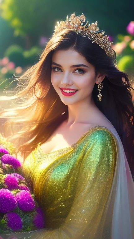 (a beautiful woman in a stunning gown of flowing silk with a radiant smile and captivating eyes),vibrant colors,highres,ultra-detailed,sharp focus,soft lighting,realistic,fantasy-inspired,portraits,subtle color palette,ethereal glow,fairytale,graceful,pastel shades,enchanted garden,lovely flowers,twinkling lights,whimsical ambiance