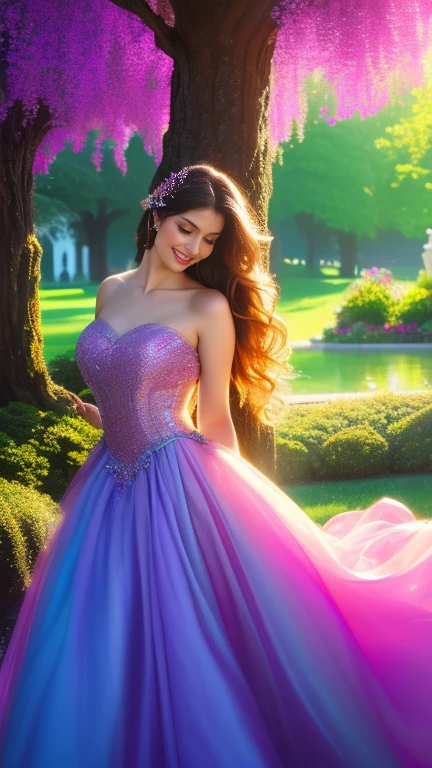 (a beautiful woman in a stunning gown of flowing silk with a radiant smile and captivating eyes),vibrant colors,highres,ultra-detailed,sharp focus,soft lighting,realistic,fantasy-inspired,portraits,subtle color palette,ethereal glow,fairytale,graceful,pastel shades,enchanted garden,lovely flowers,twinkling lights,whimsical ambiance