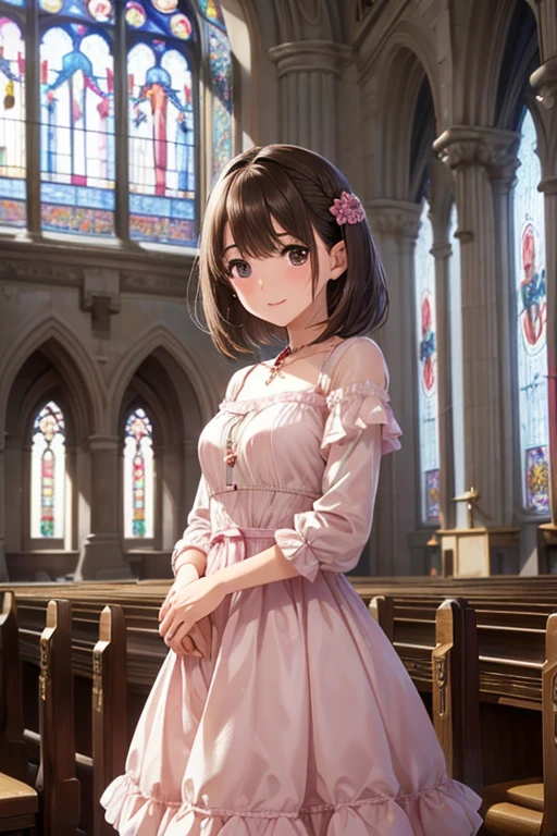 anegasaki nene、Shiny brown hair, short hair, (Beautiful brown eyes、Sparkling eyes, Fine grain)、smile、Ultra-detailed eyes、Very detailed顔, Very detailed目,
(Highest quality,4K,8k,High resolution,masterpiece:1.2),Very detailed,(Realistic,photoRealistic,photo-Realistic:1.37),, Cropped jacket, bracelet, Pink Dress, ((Inside the church, Return to the Chapel Altar)), Decorate your body with lots of beautiful flowers on the altar, .、Inside the church, Inside the chapel, Stained Glass Windows, A composition illuminated by light from the ceiling.,