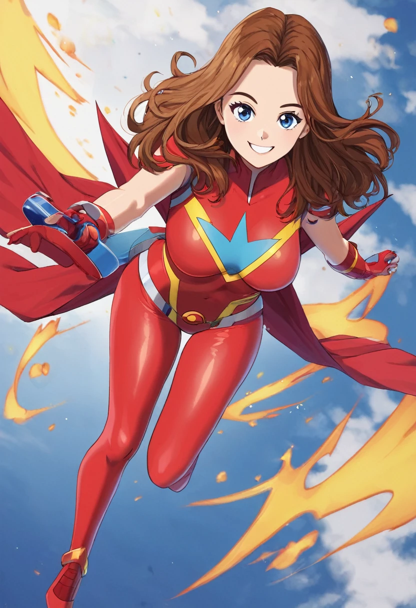 1female , Wavy Bright Ginger Hair , Red Bow tied in hair , Floating in air , Red Bodysuit , Pink Red Dress , Superhero Suit , Calm Expression , Pink Eyes
