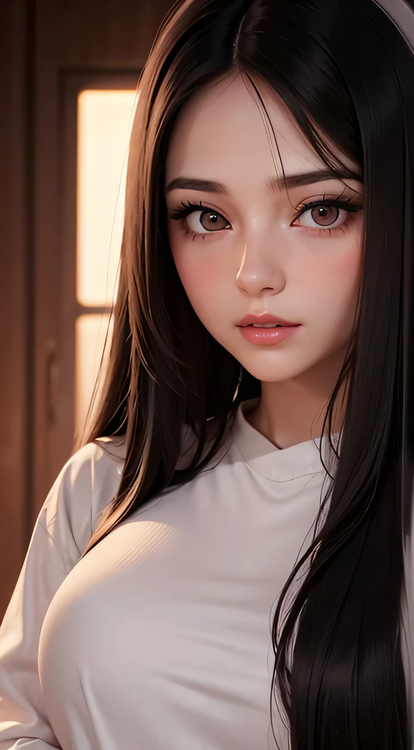 Amazing portrait of a woman who is 30 years old and an adult and a sexy and cute woman with black brown long straight hair and weak eyes blushing intensely with her lips parted and ready to kiss wearing a long oversized white shirt during night time with soft lighting showcasing her red lips and her beautiful face in detail and close up 