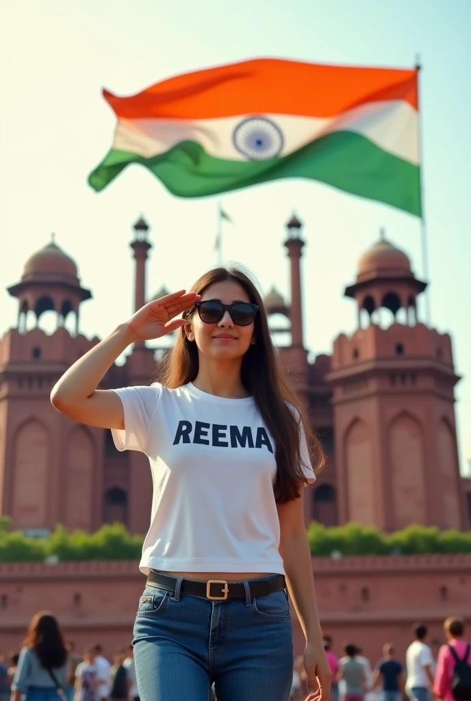Create a Realistic picture of an 17-year old Girl wearing a white t shirt and blue jeans.he is saluting a big flying Indian flag, with the red fort in the background. The name "REEMA" on is written"t shirt in bold letters, sunglasses. The overall image should have a divine background, reminiscent of republic day, with people celebrating
