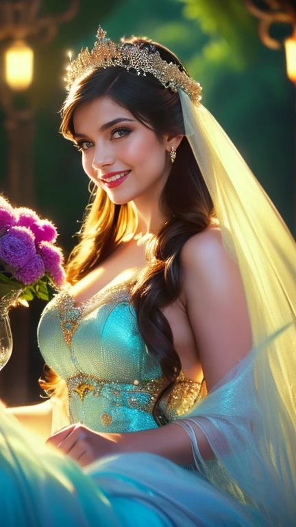 (a beautiful woman in a stunning gown of flowing silk with a radiant smile and captivating eyes), round boobs, vibrant colors,highres,ultra-detailed,sharp focus,soft lighting,realistic,fantasy-inspired,portraits,subtle color palette,ethereal glow,fairytale,graceful,pastel shades,enchanted garden,lovely flowers,twinkling lights,whimsical ambiance