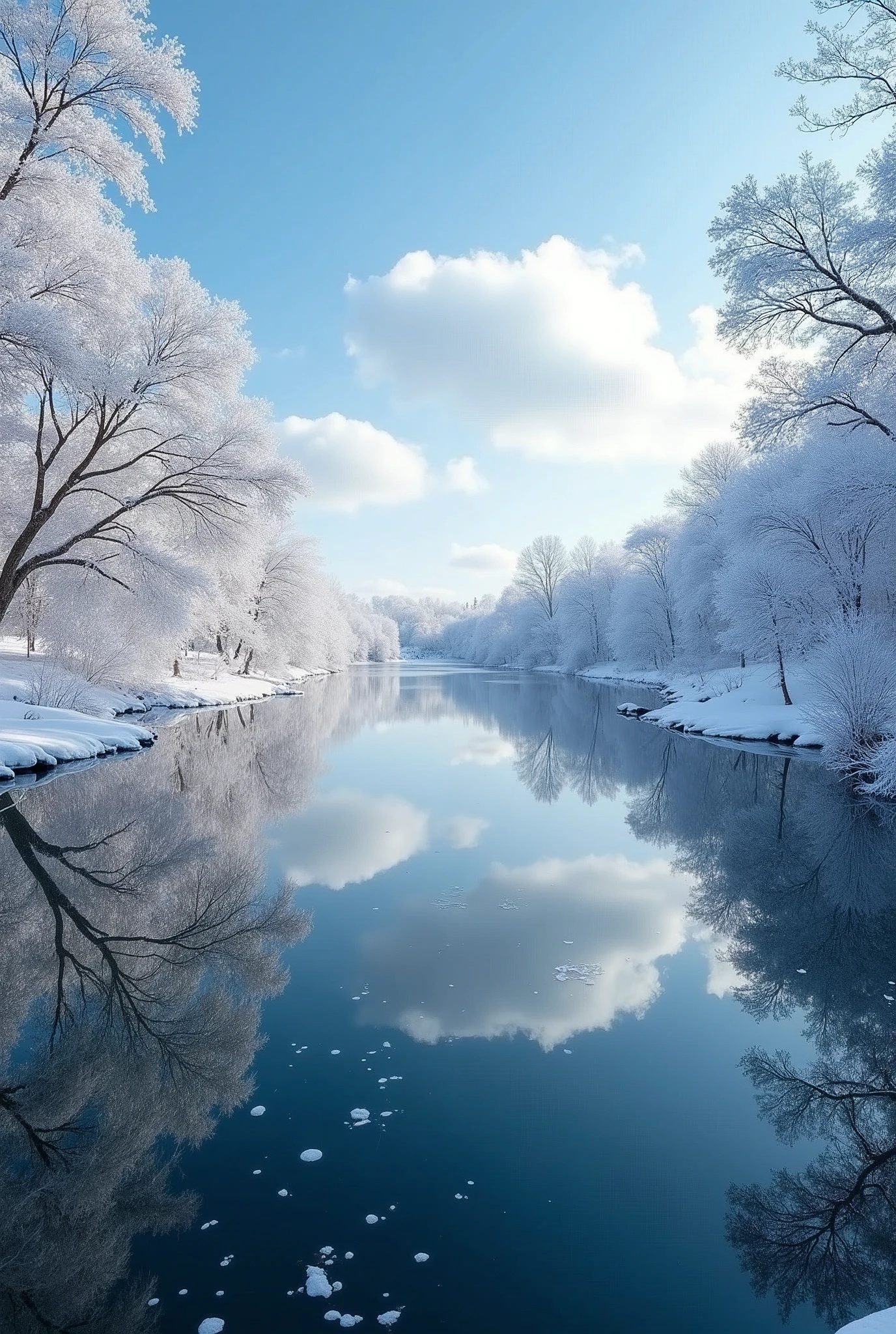  In winter, the trees and branches on both sides of the lake hang snowflakes and rime flowers, forming beautiful reflections on the clear water surface. There are white clouds in the blue sky, and there may be some small ice crystals floating at different heights. This photo was taken with an ultra wide angle lens, presenting a stunning scene that captures every detail of this snow scene. It's like being alone in another world. This scene seems to be in the style of Impressionist painters, capturing the peaceful winter moments in nature