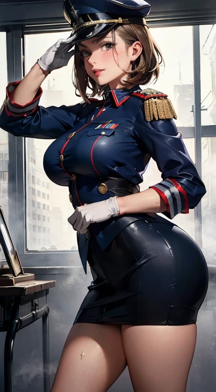 chica con cabello en capas largo y cafe y ojos pardos con camisa azul de sonic (extremely detailed CG unity 8k wallpaper), (masterpiece), (best quality), (ultra-detailed), (best illustration), (best shadow), (absurdres), 
BREAK
girl, sweat, steam, medium breast, nsfw, shy, looking at viewer, 
(UHD, retina, masterpiece, accurate, anatomically_correct, textured_skin, super_detail, high_details, high_quality, best_quality, high_res, 1080P, HD, 4K, 8k, 16k), (beautiful_detailed_eyes, beautiful_detailed_lips, extremely_detailed_eyes_and_face), soft_lighting, physically-based_rendering, vivid_colors, (large_breasts:1.5), (shiny_hair, shiny_skin, tanned_skin, blush), (bangs:1.5), eye_reflection, (bokeh, cockpit, science_fiction), semi-profile_view, smile_and_laugh, (military_cap, military_uniform, rank_insignia, gloves:1.5), salute,a white girl with curly pixie undercut brown hair hazel eyes and  small thighs mature face cute feet