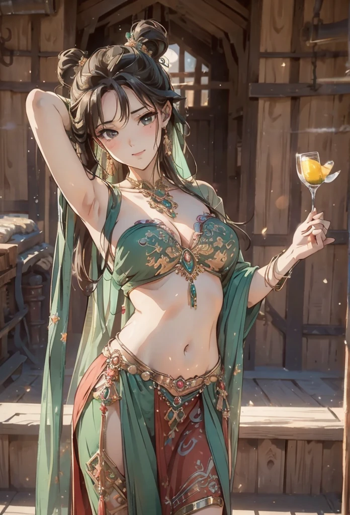 ((no background:1.0)), (cowboy shot), best quality, masterpiece, Solo, detailed sexy girl, large breasts, open neckline, green dress, sheer dress, smirk, oily skin