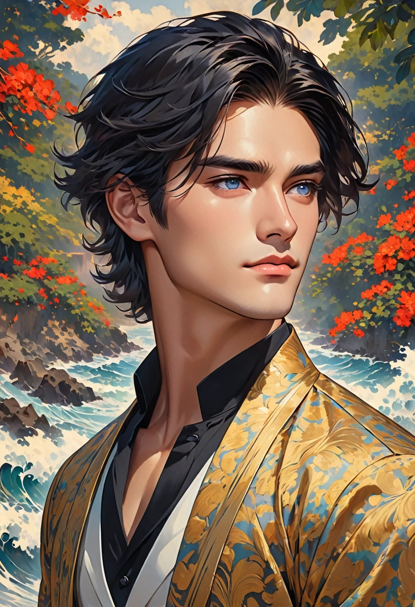 Calix has an effortlessly captivating presence. His mid-length black hair falls in tousled waves, framing a face that is both sharp and symmetrical. His eyes, dark and intense, often seem to look right through people, further accentuating his air of aloofness. His skin is fair, and his well-defined jawline gives him a striking profile. Calix's style is impeccable, favoring a blend of classic and modern fashion that emphasizes his wealth without being ostentatious. He carries himself with a posture that exudes confidence, making it clear that he knows he’s attractive—and he’s not afraid to use it to his advantage