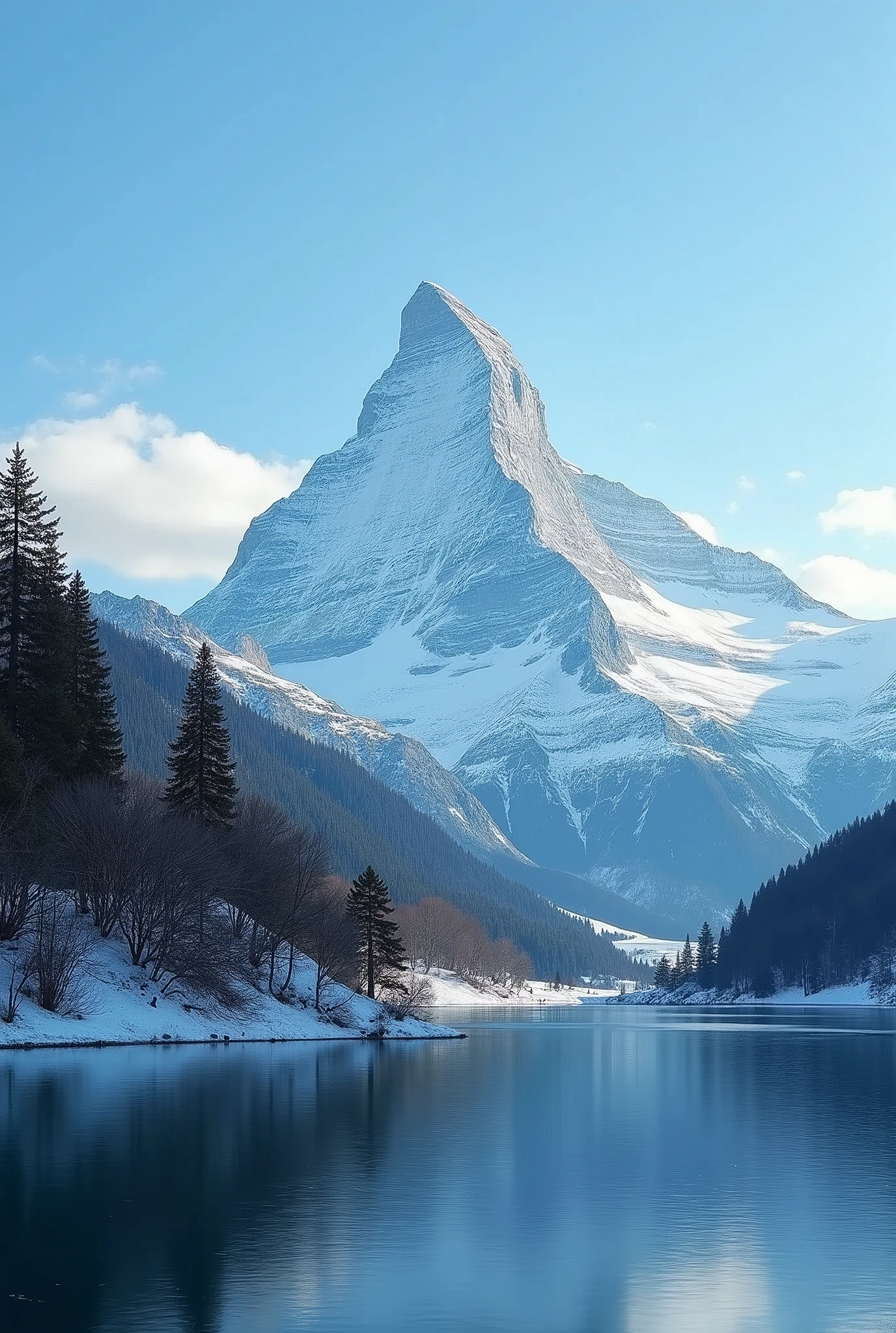 An image of a snow-capped mountain with a lake in the foreground. The mountain should be of medium height and located on the left side of the image. This picture includes only half of the mountain. The lake should be clear, with a small patch of snow behind it. There were a few trees on the hill, and the sky behind the hill should be bright, clear blue, with a few wisps of cloud. Use a wide-angle lens with a focal length of 50mm and set the aperture to f/. Use a tripod to keep the camera steady, 